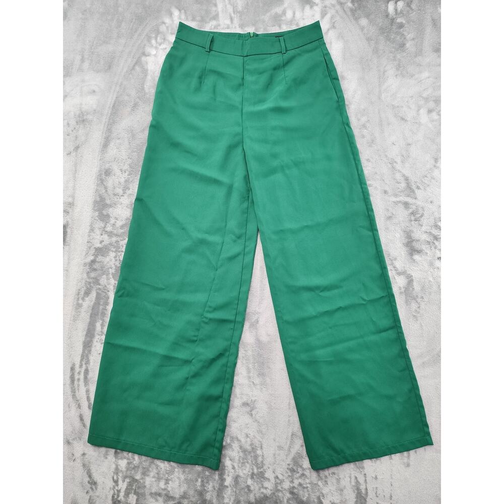 Double Crazy Pants Womens L Green High‎ Rise Wide Leg Flowy Back Zip Luxe Office